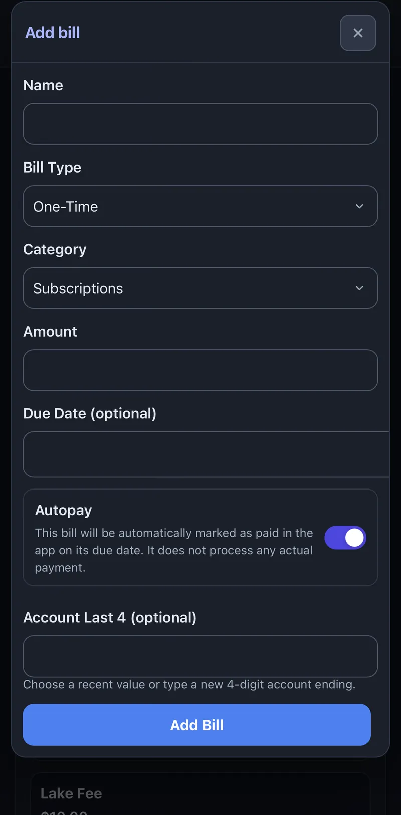Adding a family bill in LedgerNests with a name, amount and due date — no bank account required