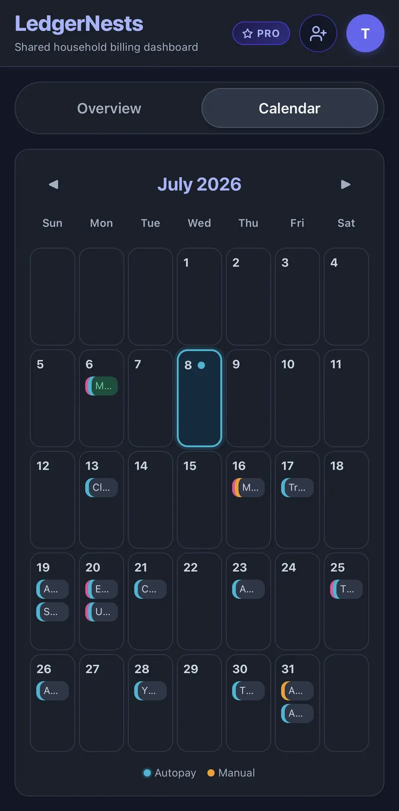 LedgerNests monthly calendar showing a couple's shared household bill due dates