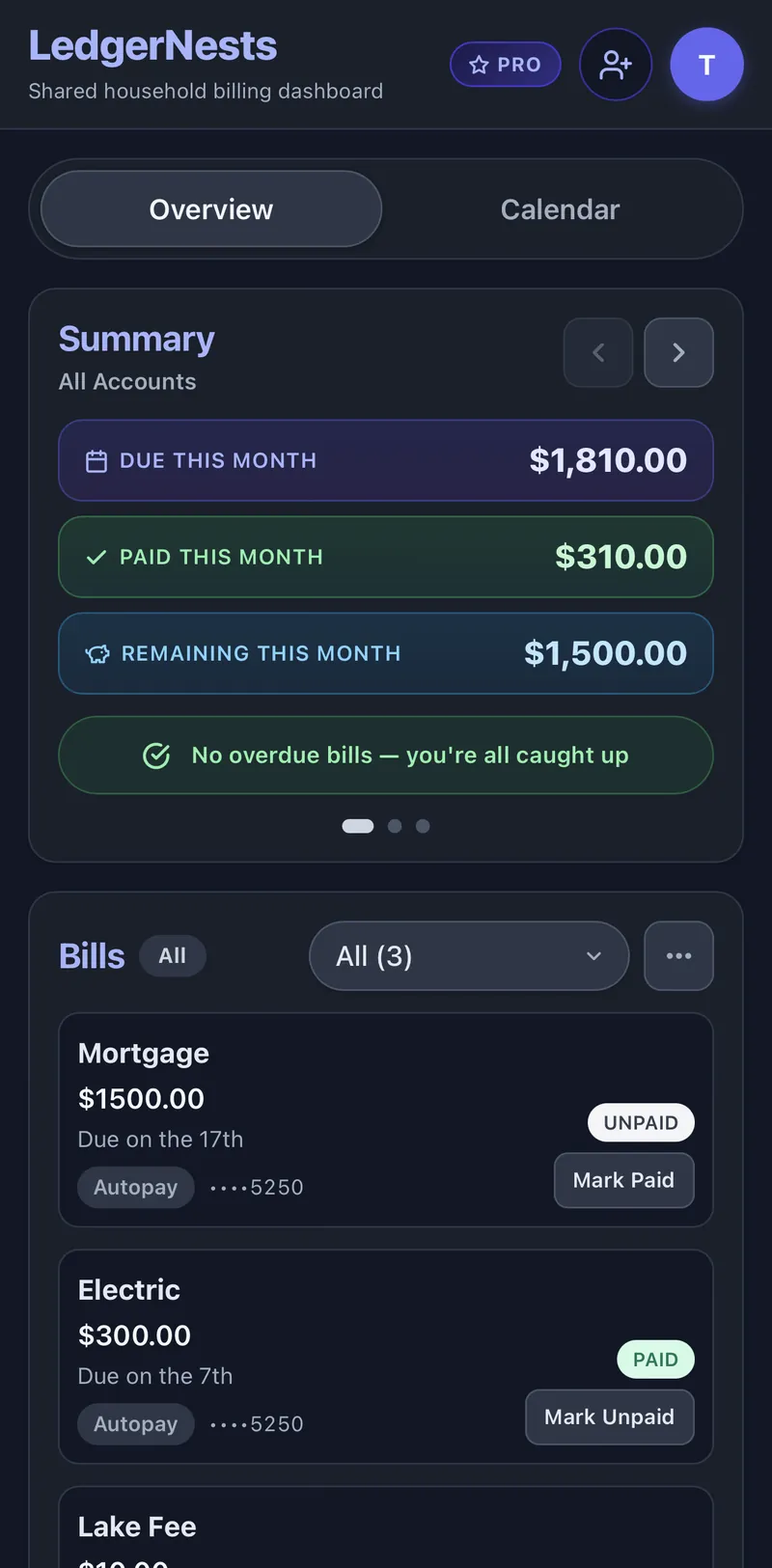 LedgerNests shared bill dashboard showing rent, utilities and internet due dates for a roommate household